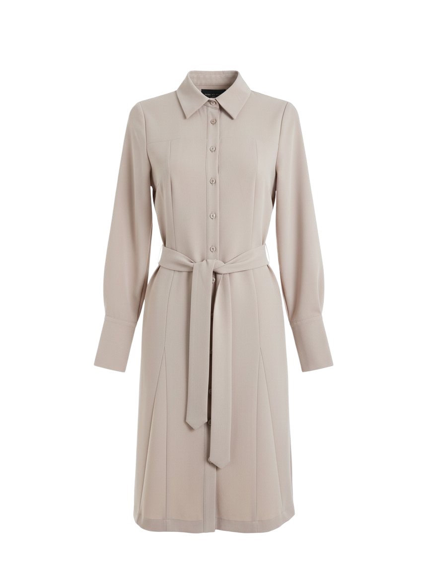 Beżowa sukienka Flared z długim rękawem i rozkloszowanym dołem z godetami.