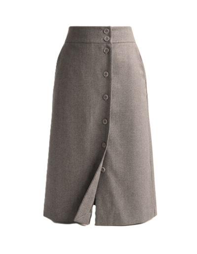 beżowa asymetryczna spódnica damska z guzikami na przodzie i kieszeniami.