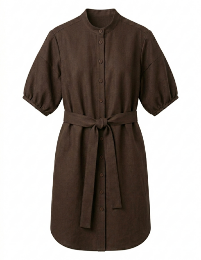 Brązowa letnia sukienka szmizjerka z krótkimi bufiastymi rękawami i paskiem – Sorelle di Stile.