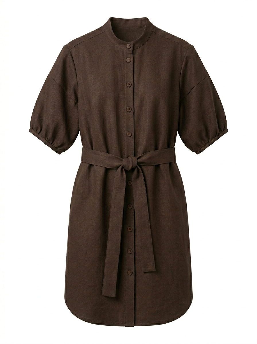 Brązowa letnia sukienka szmizjerka z krótkimi bufiastymi rękawami i paskiem – Sorelle di Stile.